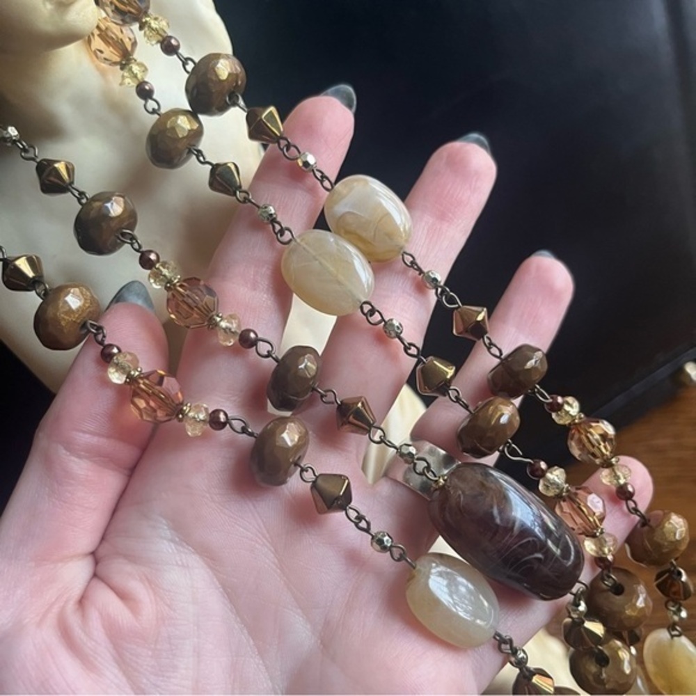 Vintage Long Chunky Resin Cream Brown Bronze and Silver Tone Beaded Necklace A1